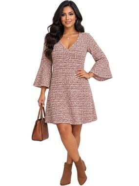MAEVE Women’s Size L Textured Tweed V-Neck Bell Sleeve A-Line Dress